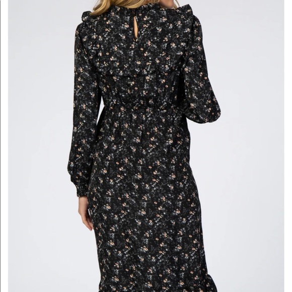 Black floral ruffle long sleeve maternity midi dress - Picture 3 of 6